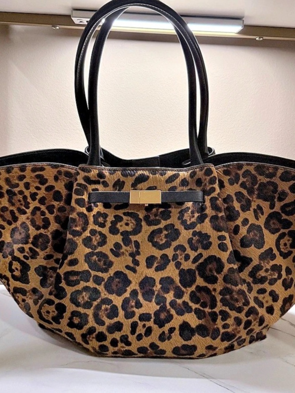 DeMellier New York Leopard Print Calf Hair Tote in Brown & Black